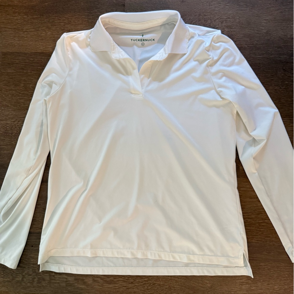 White Long Sleeve Polo Shirt with scalloped collar